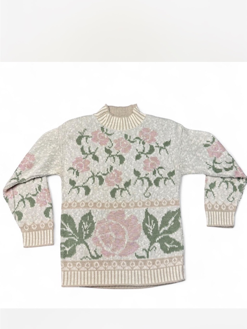 Floral vintage mock neck Sweater in Pink and Green